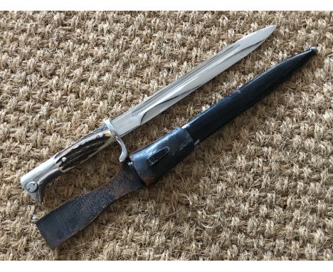 A German Third Reich KS98 dress bayonet by Eikhorn, having antler grip scales