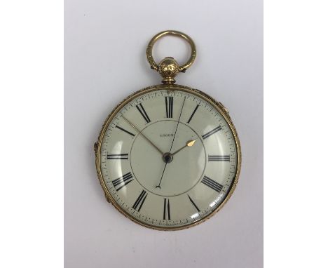 A Victorian 18 ct gold pocket watch with stop-watch mechanism, the case back decorated with engine turning centred by a garte