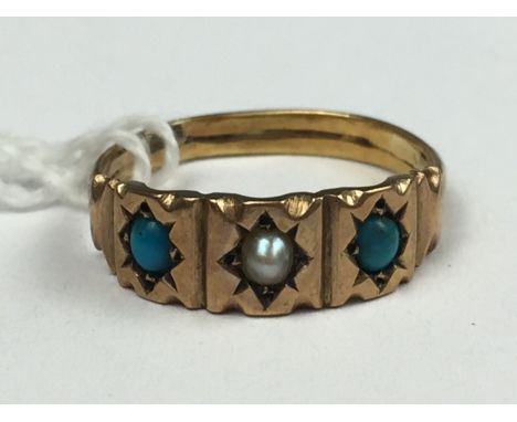 A Victorian turquoise and pearl dress ring, the shaped face being divided into three cells and gypsy-set in an alternating ar