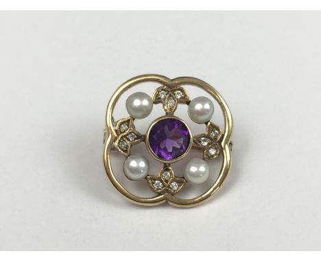 A diamond, amethyst and pearl brooch, in an open quatrefoil arrangement, with central round-cut and bezel-set amethyst of app