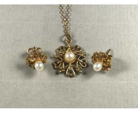A mid 20th Century demi parure comprising pearl-set 9ct gold pendant necklace and stud earrings, 3.3 g