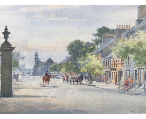 Frank Watson Wood (1862-1953) Sunny Musselburgh street scene, including leisurely shoppers, a cyclist and a horse rider, to t