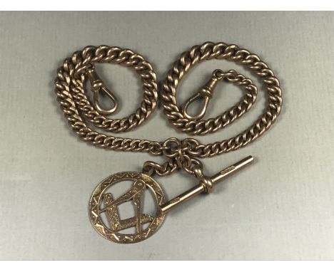 An Edwardian gentleman's 9ct rose gold curb-link double "Albert" watch chain with swivels, T-bar and pendant 9ct gold Masonic