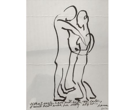 Dame Laura Knight (1877-1970) Study of two lovers, standing above an inscription "Altho I early have not been of late / I sen
