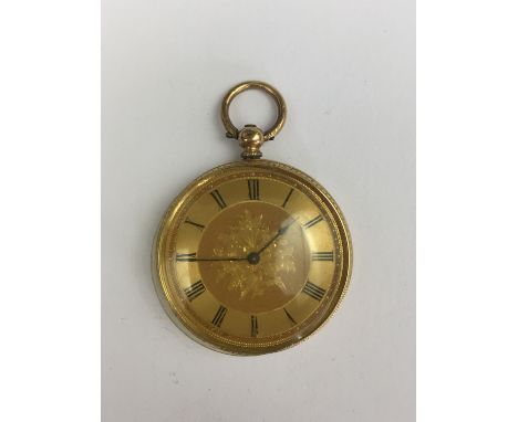 A Victorian lady's high-carat yellow-metal cased fob watch, having  a florally engraved face, an engine-turned chapter and Ro