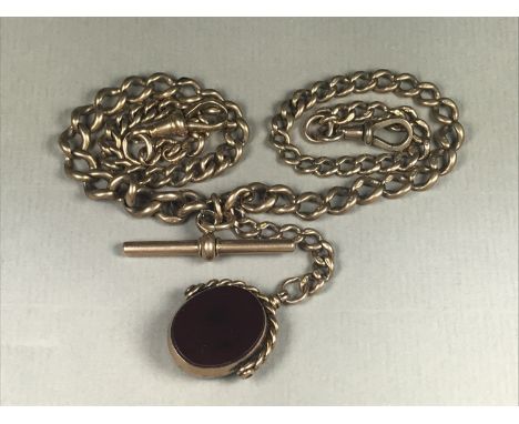 An Edwardian gentleman's 9ct rose gold curb-link double "Albert" watch chain with swivels, T-bar and pendant 9ct swivel fob s