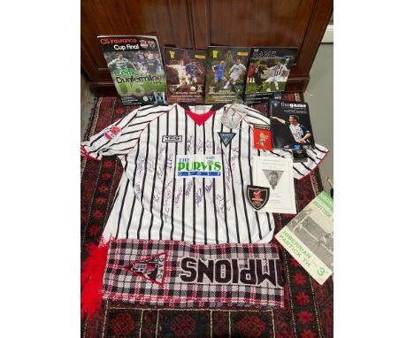 A Dunfermline Football Club signed shirt with various football programmes, Scarf and glass tankard. 