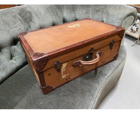A Vintage well made Leather trim and stud design travel case. Designed with interior drawer. [25x61x37cm] 