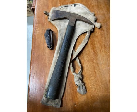 A Military style axe with canvas bag and vintage dock yard pocket knife. 