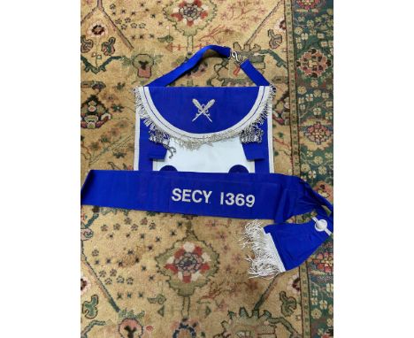 A Vintage Masonic apron for Secy. 1369. and sash. Produced by Toye, Kenning &amp; Spencer Ltd London. 