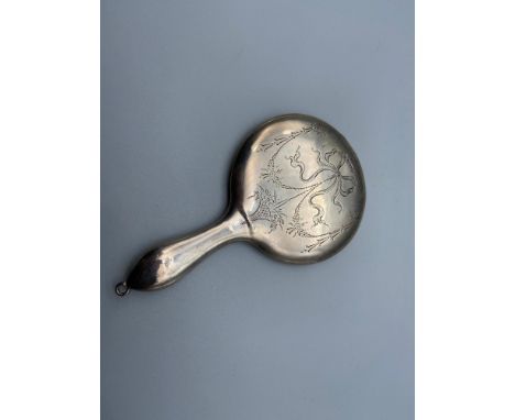 A Vintage Birmingham silver small ornate hand mirror. Designed with etched ribbons and bouquet. Maker W &amp; H Ltd. [11cm le