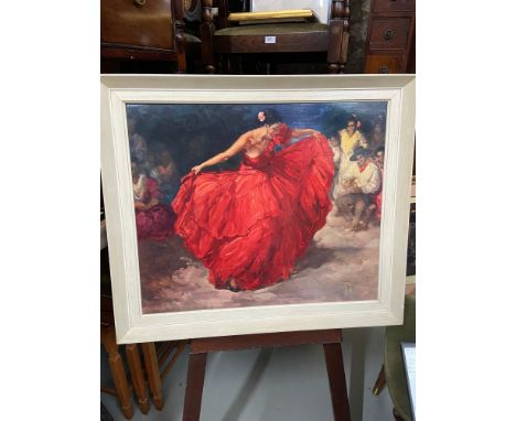 A Retro canvas print of a Spanish lady dancing titled 'Red Dress' produced on canvas by Pieter Vros. [Frame 60x70cm] 