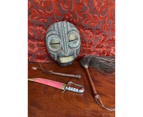 A Tribal African wooden mask designed with beads and brass. Indian dagger with mother of pearl handle and two antique fly swa