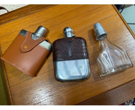 Antique E.P and snake skin hip flask, Cusenier flask and vintage hip flask. 