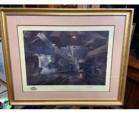 A Limited edition 828/850 print titled 'Willesden Sheds' by David Shepherd, O.B.E. Signed by the artist in pencil. [Gilt fram