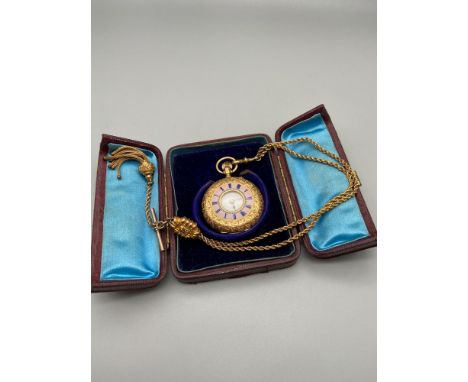 A Beautifully made antique 18ct gold half hunter pocket watch, Designed with an opal and blue enamel painted Roman numeral fr