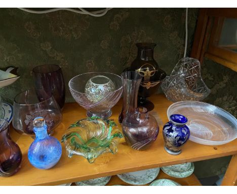 A Quantity of vintage art glass which includes Caithness, Silver over cobalt blue painted vase, Art Nouveau gilt design and b