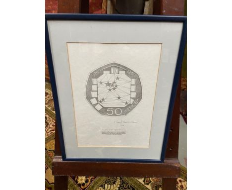 FRAMED SIGNED NUMBERED [078] PRINT OF SKETCH BY MARY MILNER DICKENS OF 1992 50P COIN. [Frame 39x30cm] 