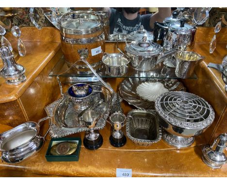 A Quantity of silver plated and E.P Wares which includes three piece tea service, Trophies and two Indian brass perfume bottl