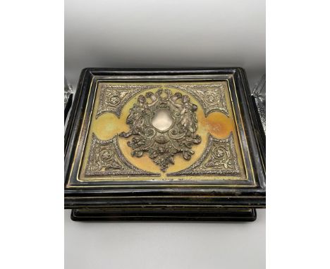 A Very rare 19th century ornate keep sake security box. Painted with black and green enamel paint. Plated bounds and top pane