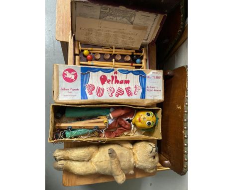 Original Bussey's Table top Croquet, Pelham Puppet Mr Turnip and Mohair bear with glass eyes. 