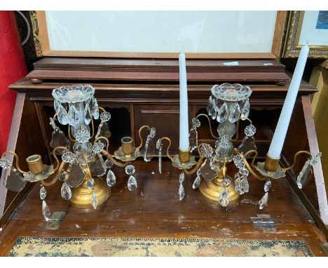 A Pair of Regency cast metal and crystal crop let candle stick holders. [30CM HEIGHT] 