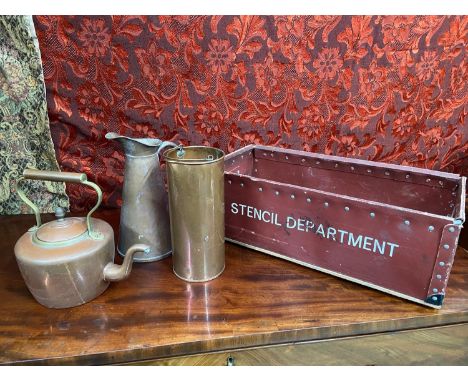 A Vintage Stencil Department storage box together with three copper jugs and kettle. 