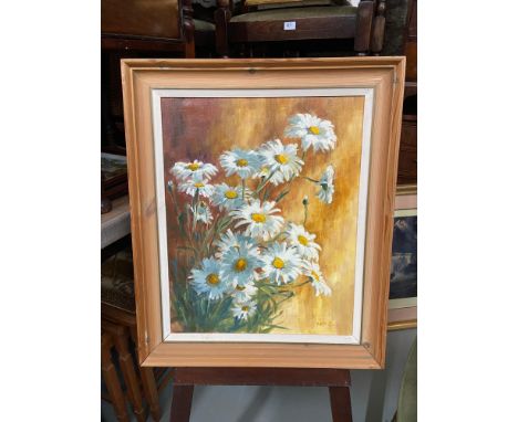 Keith ElvinOriginal oil painting on canvas titled 'Marguerite's against a light background' Fitted within a pine frame. [Artw