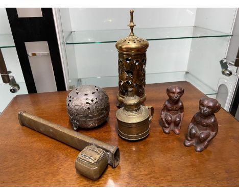 A Quantity of far eastern collectables which includes a pair of cast iron monkey figures, 19th century bronze Indian hand hel