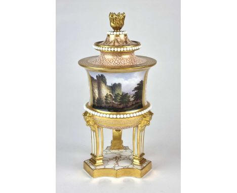 A Barr, Flight and Barr (Worcester) porcelain vase and cover on tripod standcirca 1810painted with a named view of Amberley C