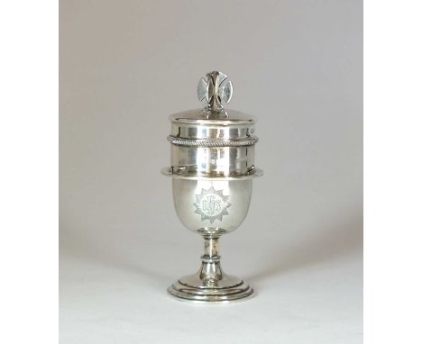 A silver travelling communion set, A R Mowbray &amp; Co Ltd, London 1938, the small goblet with hexagonal stem and engraved m