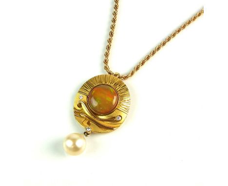 An opal, diamond and cultured pearl pendant by Arno Thuile, designed as a central round cabochon opal collet set within textu