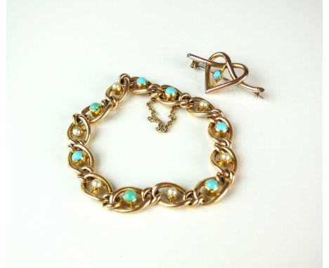 An early 20th century turquoise and seed pearl bracelet, the yellow metal curb links set with alternating turquoise and seed 