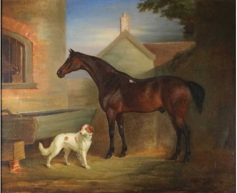 Thomas R. Davis (British School, 19th century), a chestnut by a drinking trough, with a setter, signed lower right, oil on ca