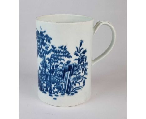 A Worcester cylindrical mug, circa 1765, of slightly tapering form, transfer-printed in underglaze blue with the 'Plantation'