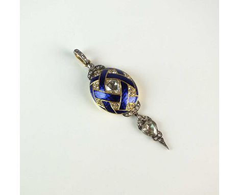 A Victorian rose cut diamond and blue enamel pendant, designed as a central heart shaped rose cut diamond claw set within blu