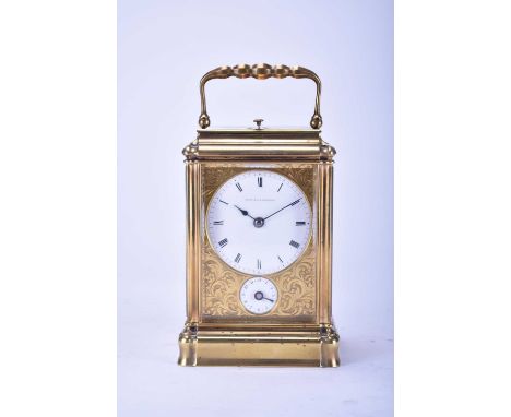 A 19th century gorge case, brass carriage clock, retailed by Parkinson & Frodsham,with push repeat, the 2.25" enamelled dial 