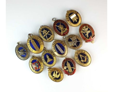 A collection of silver, silver gilt, gilt metal and polychrome enamel Masonic jewels (13)