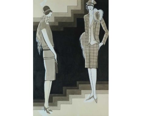 DODO (Dörte Clara Wolff) (1907-1998) Two Women in Tweed, pen and ink with highlights, inscribed in pencil below mount, measur