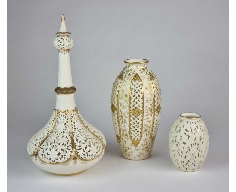 Three Grainger & Co (Worcester) reticulated blush ivory vaseslate 19th centurycomprising a garlic head bottle vase and cover,