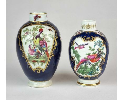 Two Worcester 'Exotic Birds' tea canisters, lacking coverscirca 1765-70of ovoid form, with gros and scale blue grounds, the s