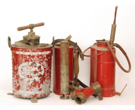 A 20th Century stirrup and hand operated fire metal extinguisher the Wizard Fire Pump by Roberts Mclean & Co Ltd London toget