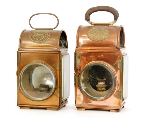 A Shand Mason of London copper hand lamp, height 24cm, also a Merryweather copper hand lamp, height 27cm. (2)     