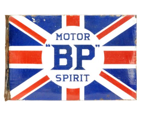 A double sided wall mounted enamel advertising sign for Motor 'BP' Spirit, blue text within a white circle against a Union Ja