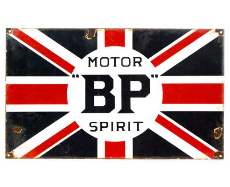 An enamel advertising sign for Motor "BP" Spirit, blue text within a white circle against a Union Jack background, 30cm x 50c