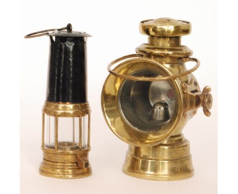 A brass Lucas King of the Road car lamp No 724, height 25cm together with a converted miners lamp by T&W Aberdare No 645, hei