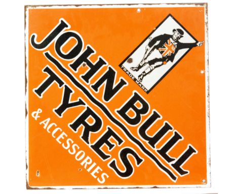 A double signed diamond shape enamel advertising sign for 'John Bull Tyres & Accessories', black and white edge lettering ove