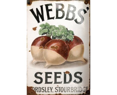 A large enamel advertising sign Webbs' Seeds, Wordsley Stourbridge, the lettering in black against a white ground with radish