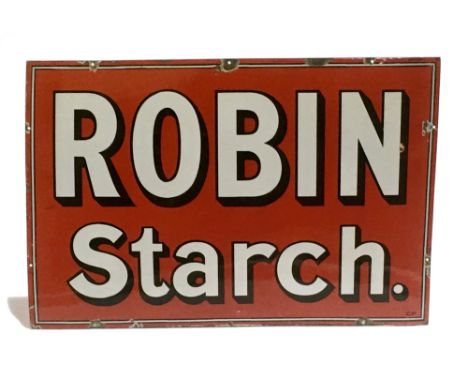 A large advertising enamel sign for 'Robin Starch', white lettering with black shadow against a red ground, 61cm x 92cm.    