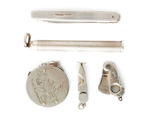 A silver folding smokers tool knife set together with a similar engine turned set in a concealed cylinder case, two small sin